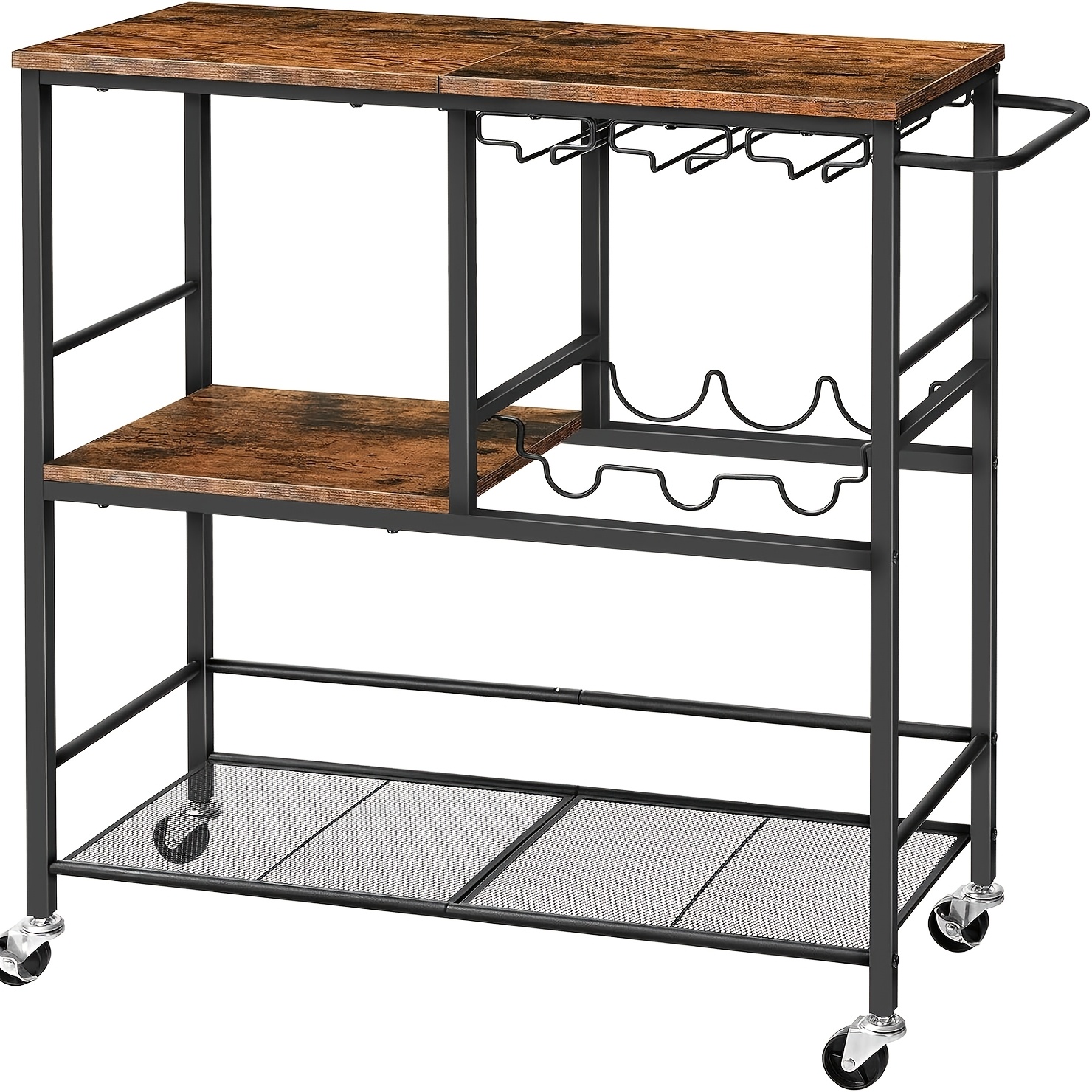 Image of Three-layer Rolling Dining Cart With Countertop And Wine Rack, Lockable Bar Cart, Suitable For Restaurants, Living Rooms, Parties And Bars, -black