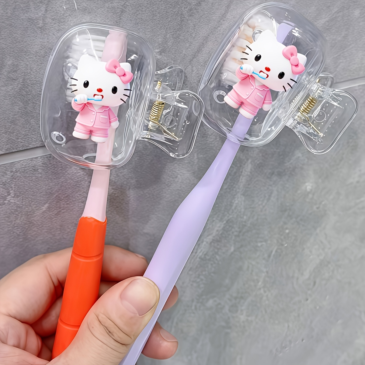 2pcs " Dressing Pajamas Brushing Hello Kitty" Toothbrush Holder Portable Combo Set Home Brush Clip Protector, Suitable For Family And Travel Use Travel Toothbrush Clip Cute Toothbrush Storage Clip