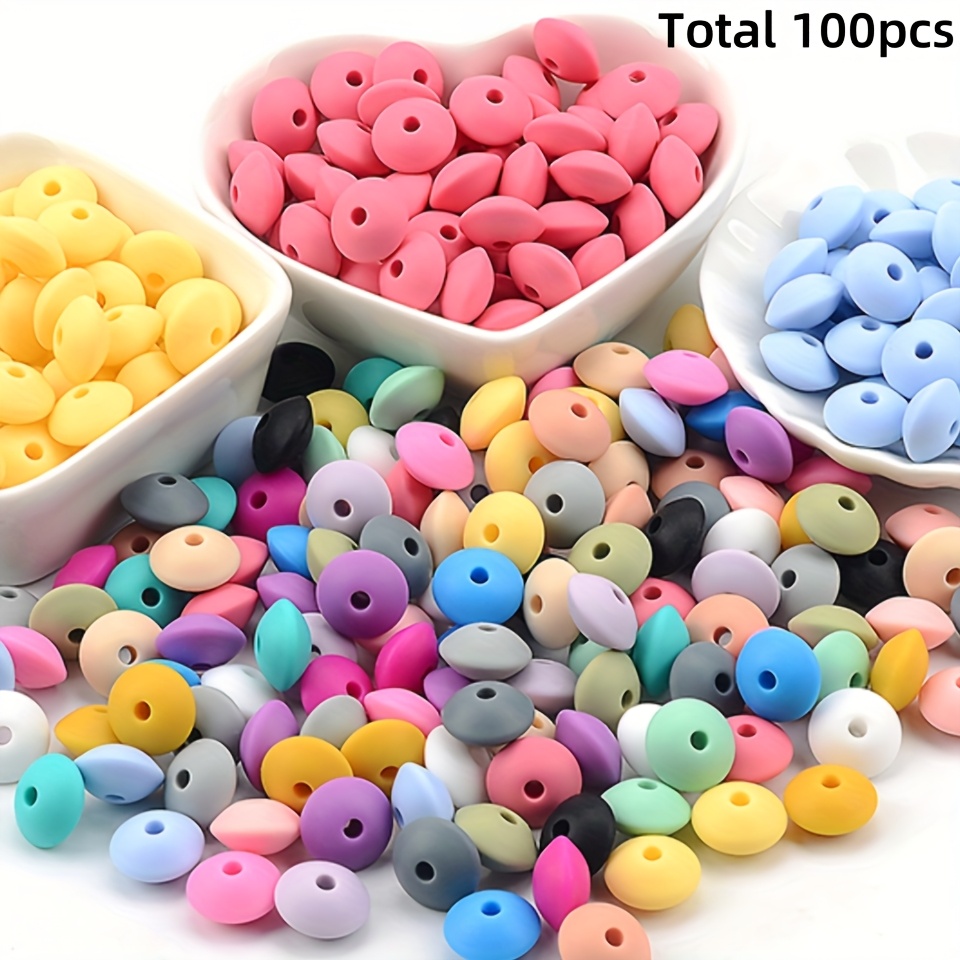 E-shop 100 Stück 12mm Silikon Linsenperlen, Silikon Spacer Perlen für Halskette Armband Herstellung, Abakus Silikonperlen für Schlüsselanhänger