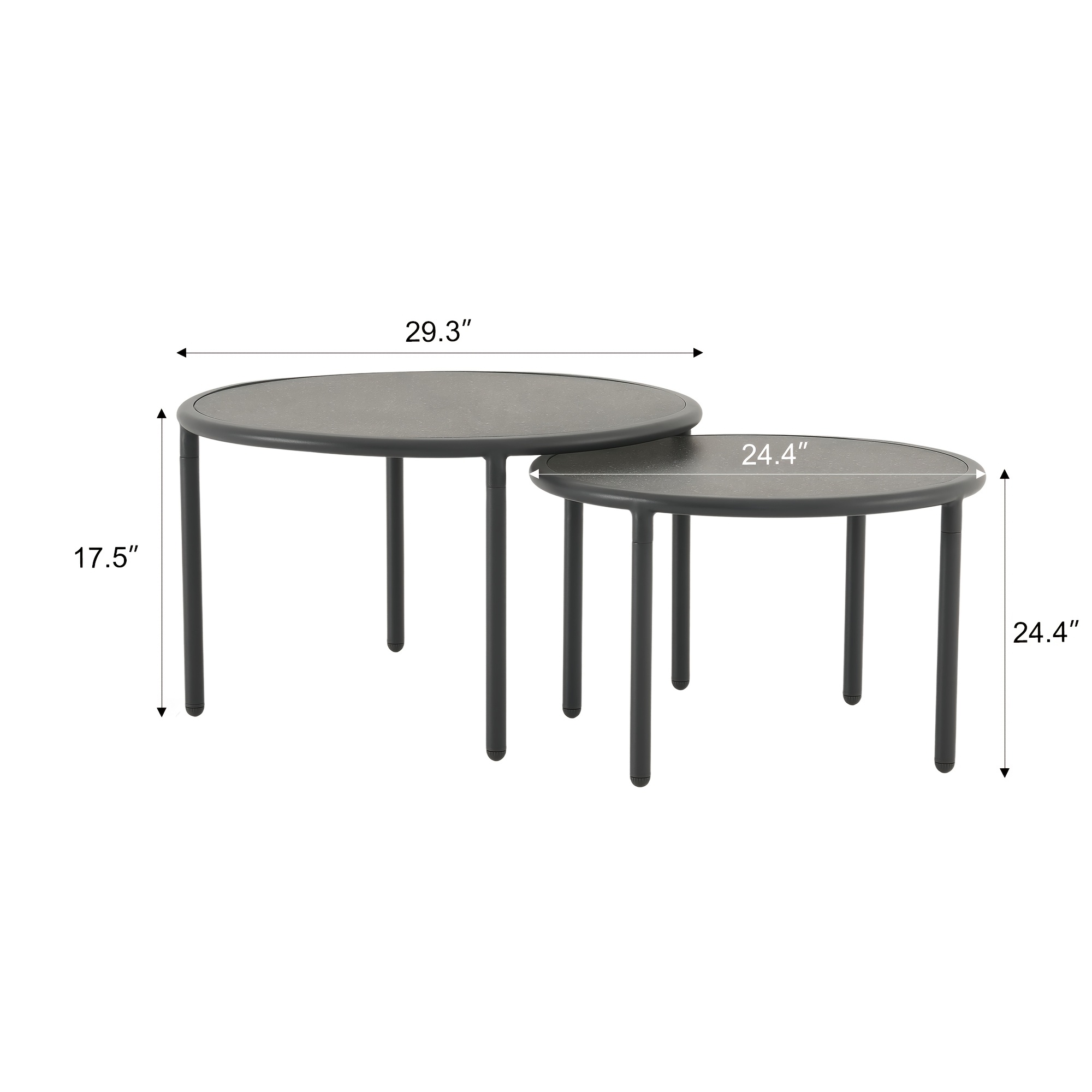 2pcs Black Aluminum Round Outdoor Coffee Table Set | Nesting Side Table with Round Tabletop, Powder Coated Aluminum Frame, Suitable for Garden Balcony