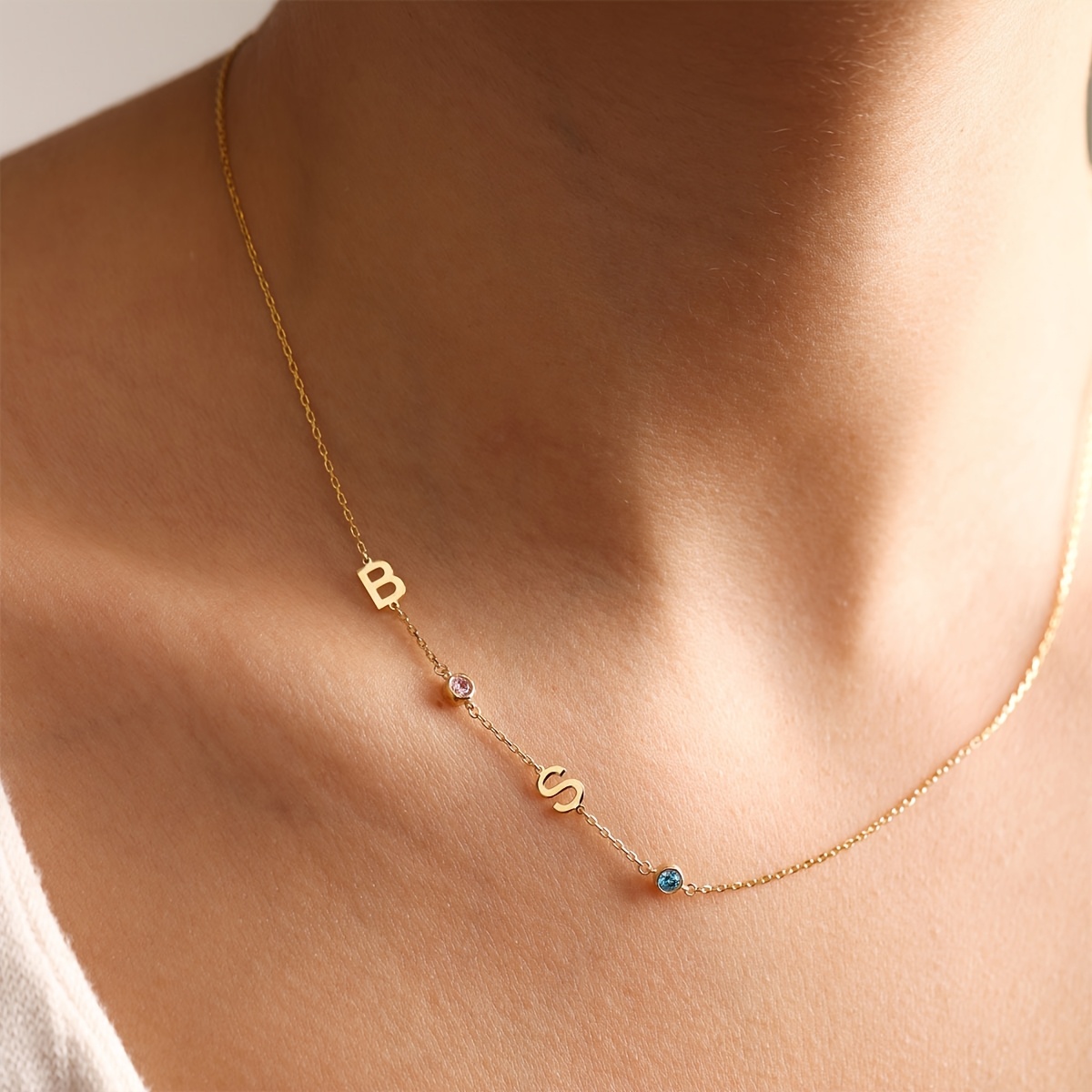Personalized Women's Sideways Initial Birthstone Necklace