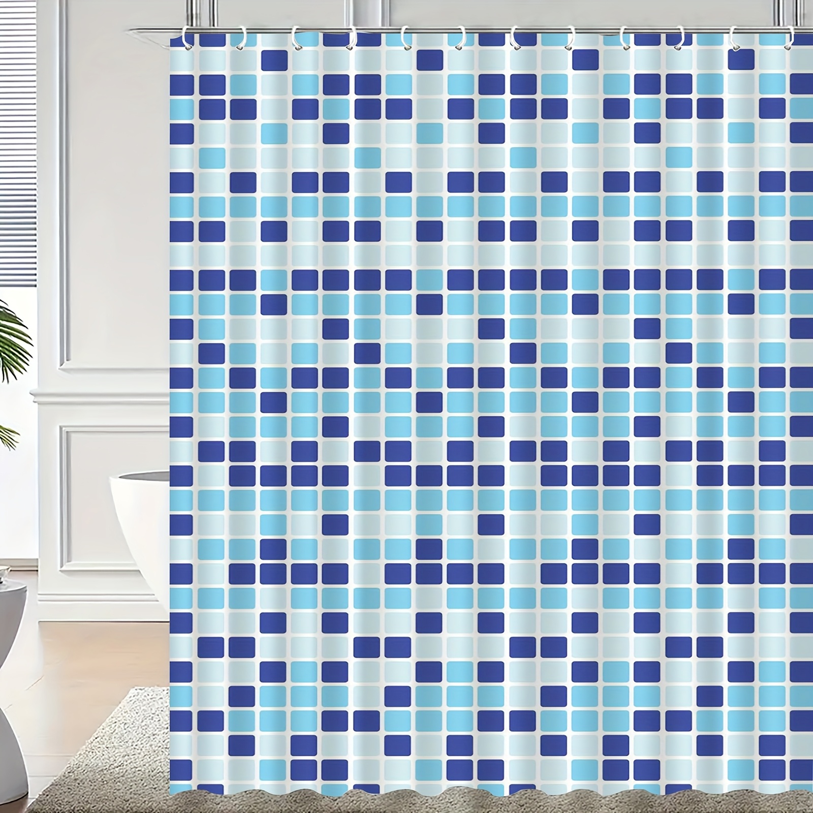 Blue and White Square Pattern Shower Curtain with Hooks, Washable