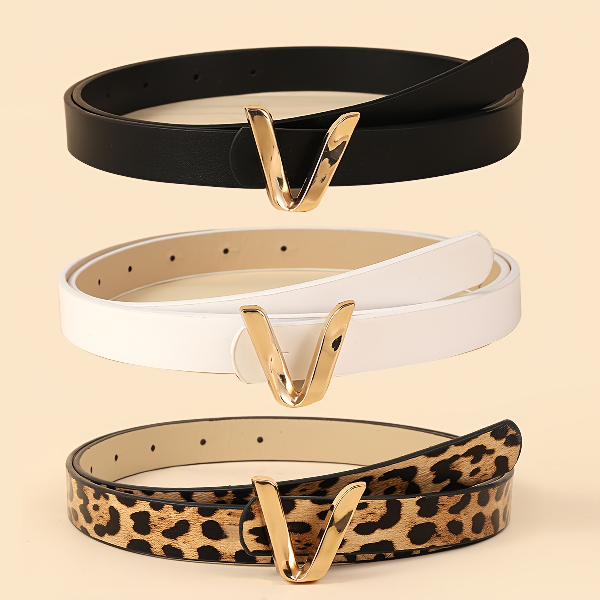 Image of 3-pack Pu Letter V-shaped Print Fashion Vintage Women's Belts, Suitable For Dresses And Jeans, Ideal For Daily Outfits