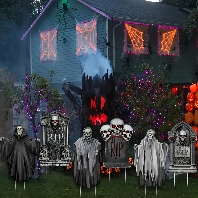TEMU 6 stuks Halloween Buitendecoraties, Plastic en Grafstenen Tuinborden met Haringen, Haunted Graveyard Gazonornamenten
