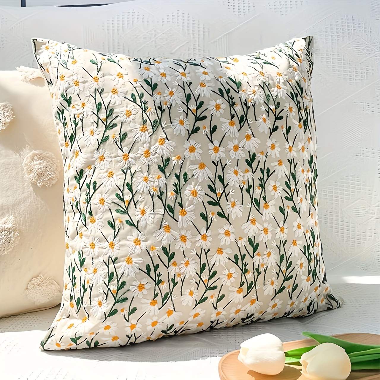 

1pc Daisy Embroidered Cushion Cover Without Filler, Modern Canvas Decorative Throw Pillow Cover For Home Bedroom Decor, Living Room Decor, Multiple Colorsavailable, No Pillow Insert