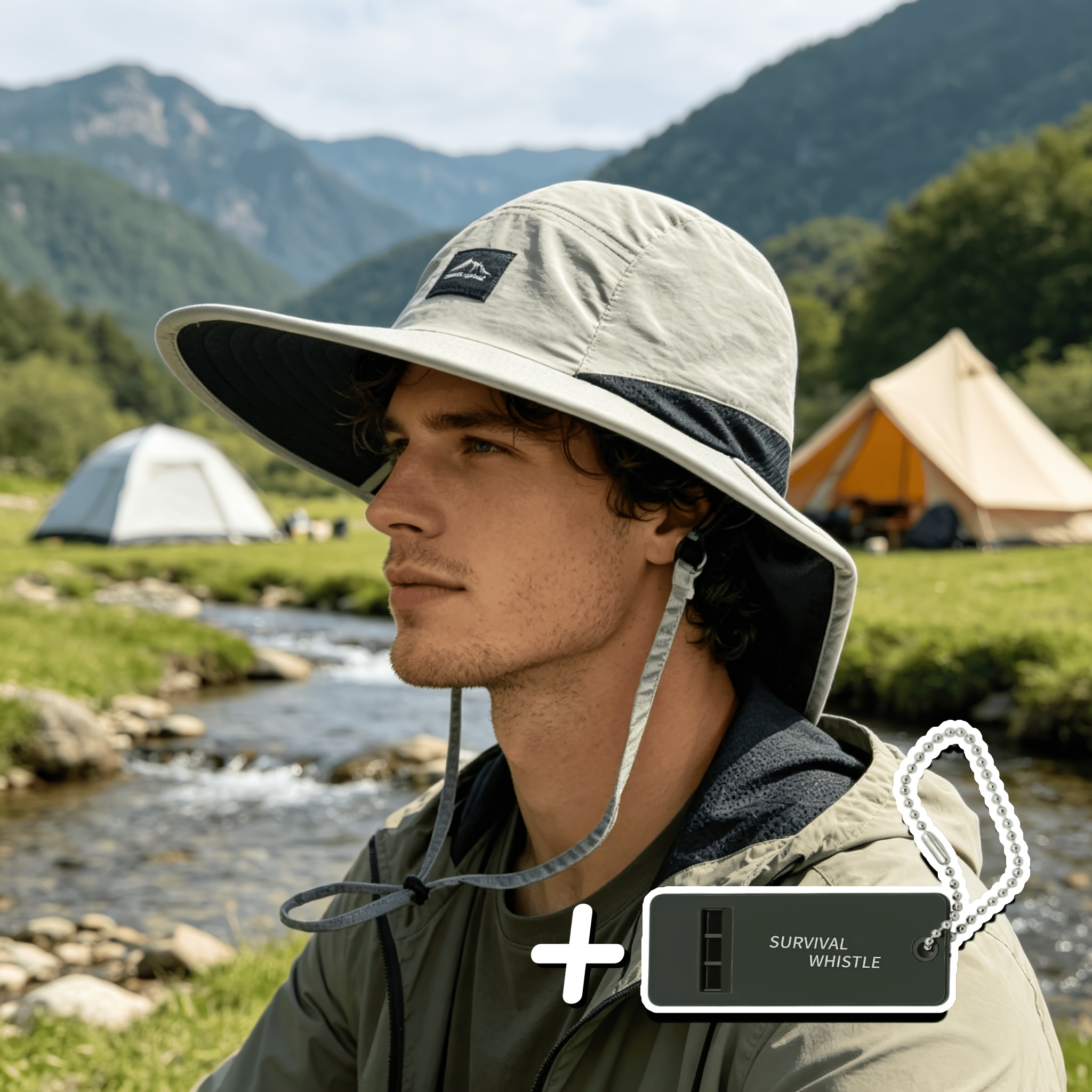 TEMU 2pcs Set - Bucket Hat + Whistle Pendant, Logo Bucket Hat With Pendant, Comfortable And Breathable, Adjustable Outdoor Wide Brim Sun Hat For