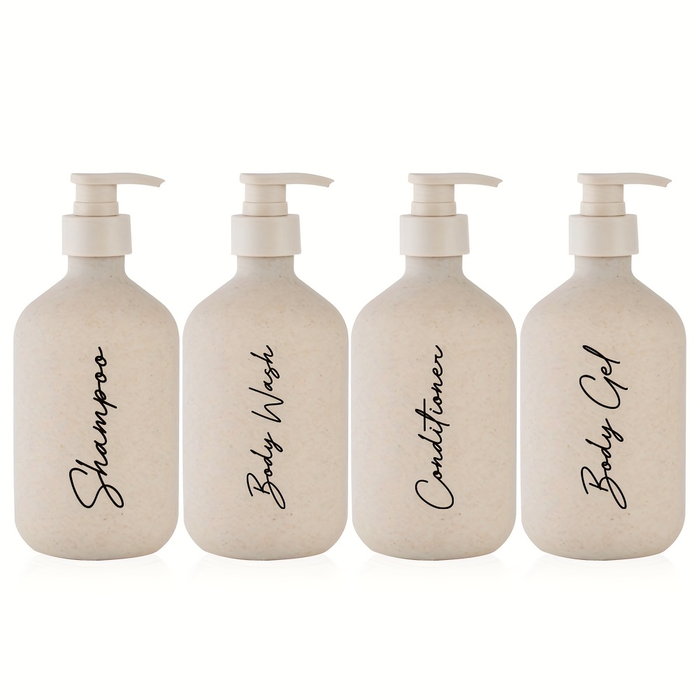 Image of 4pcs 500ml Refillable Bathroom Soap Dispenser Bottles With 4 Labels, Suitable For Shampoo/conditioner/body Lotion/shower Gel, Wheat Straw Material Toiletry Dispensing Bottles