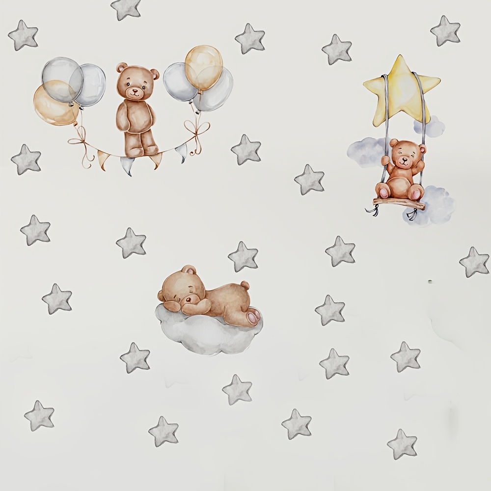 Bear And Star Balloon Stickers, Animal Wall Decals In Watercolor Style