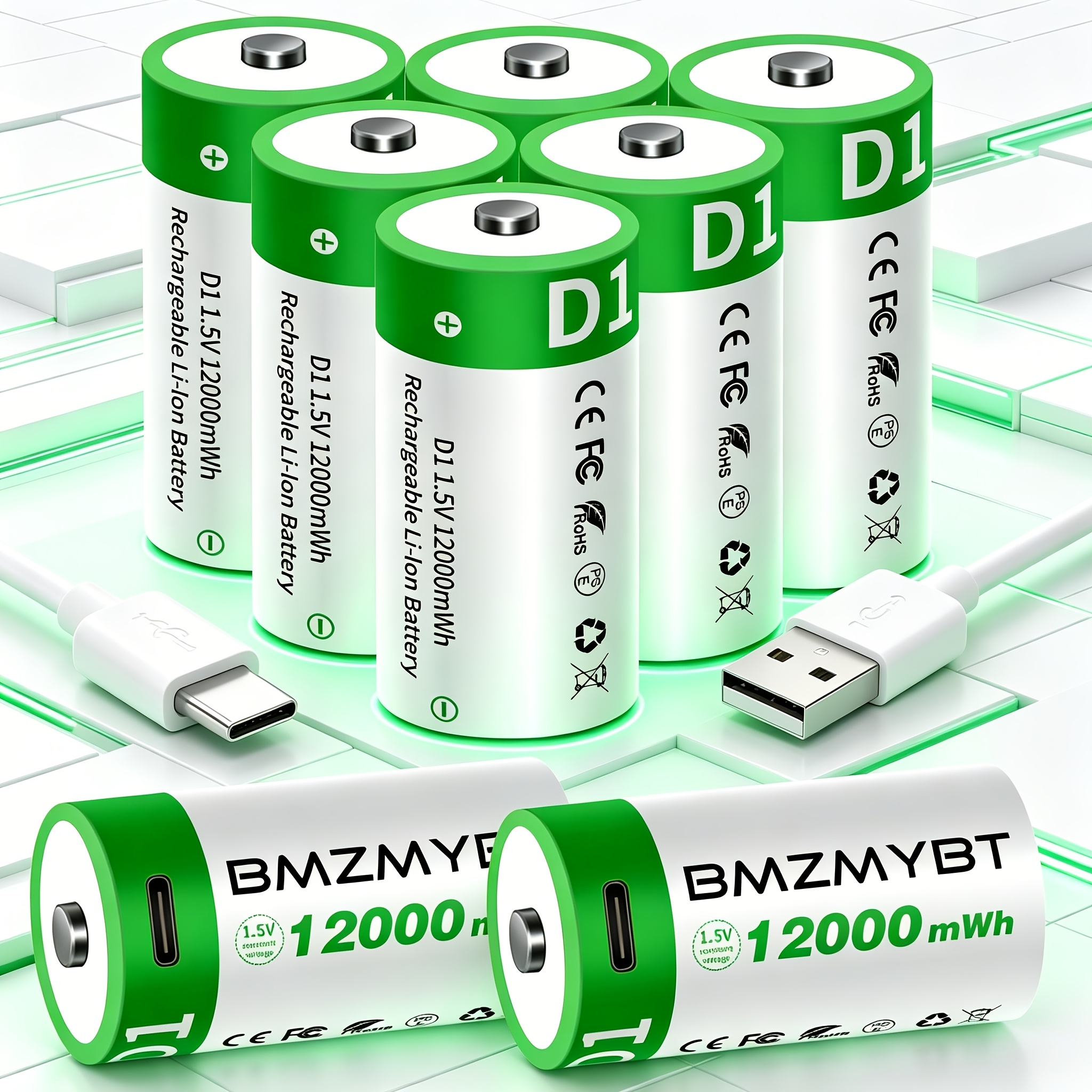 E-shop 8 Stück D-Batterien, USB/Type-C D Wiederaufladbare Lithium-Ionen-Batterie, Hohe Kapazität 1,5V 8000mAh 12000MWh Wiederaufladbare
