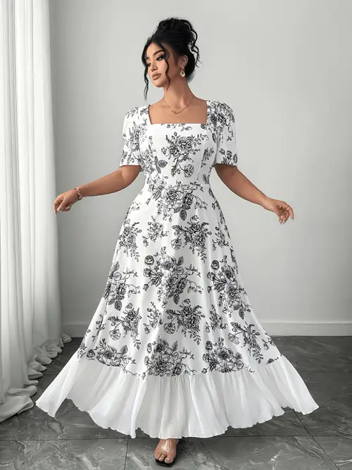 plus size white pleated dress SHEIN CURVE+ Plus Size Women's Off-Shoulder Ruffle Collar Loose White Pleated Fabric Dress, Flowing Dress, Spring Summer Graduation Season Vacation Elegant