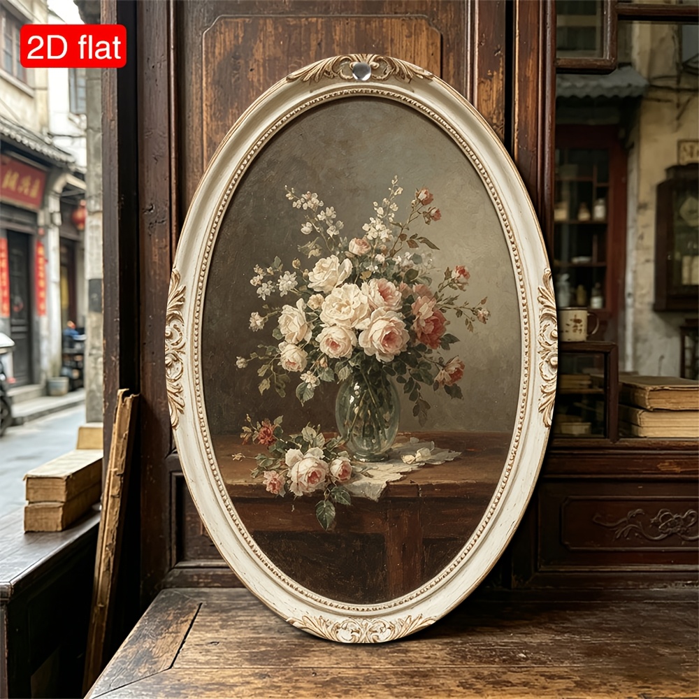 TEMU 2d Flat, 2d Flat Plane, 1pc Floral Still Life Oil Painting, Oval Shape, Mantel Entryway, Wall Decor Sign, Entry, Bedroom Living Room Art Sign,