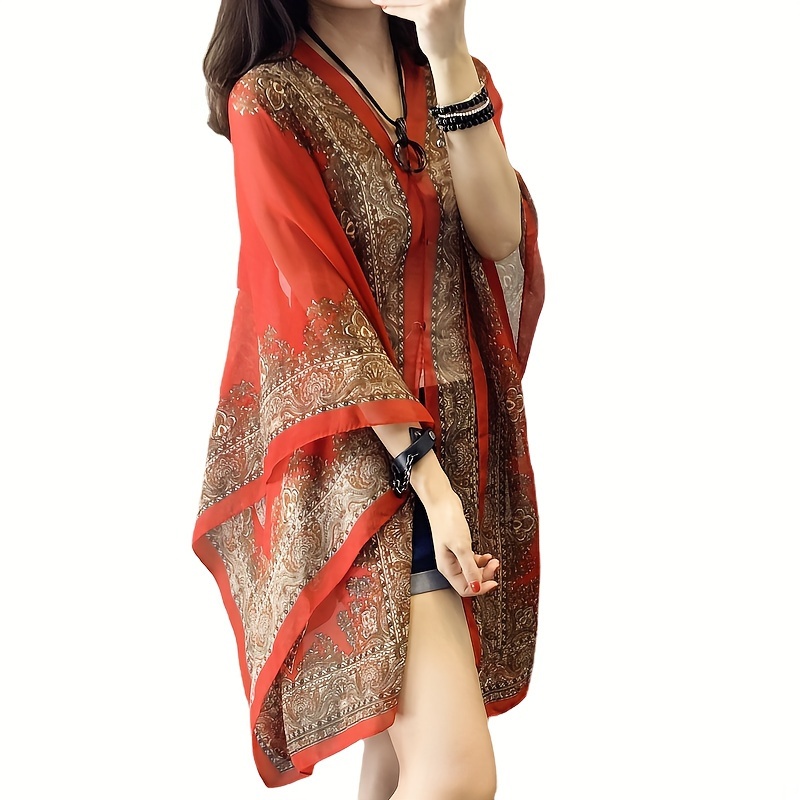 Plus Size Printed Shawl Vacation Floral Print Chiffon Scarf - Cover-up