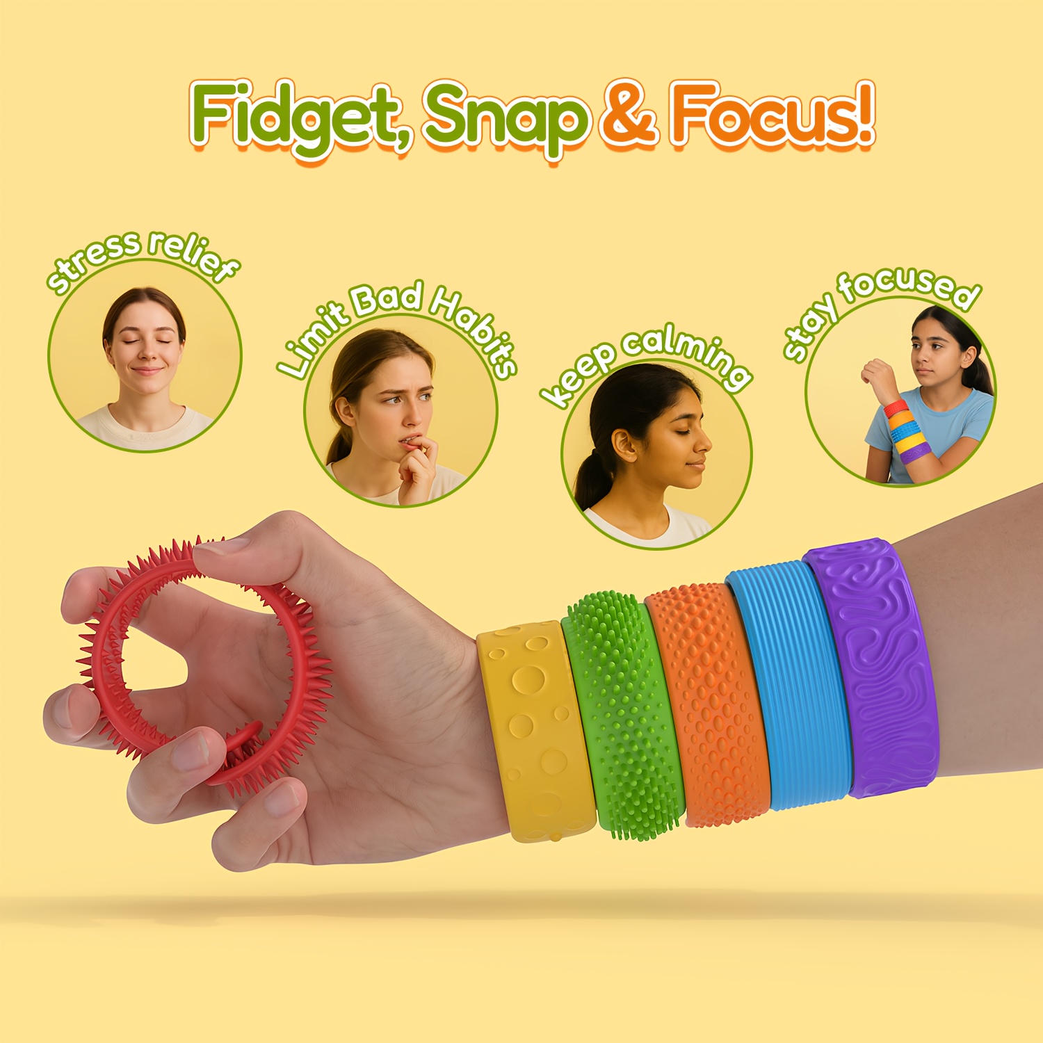 Lot De 6 Bracelets Sensoriels En Silicone - Jouets Anti-Stress Pour Enfants, Calmant Pour Autisme, École, Voyage - 7