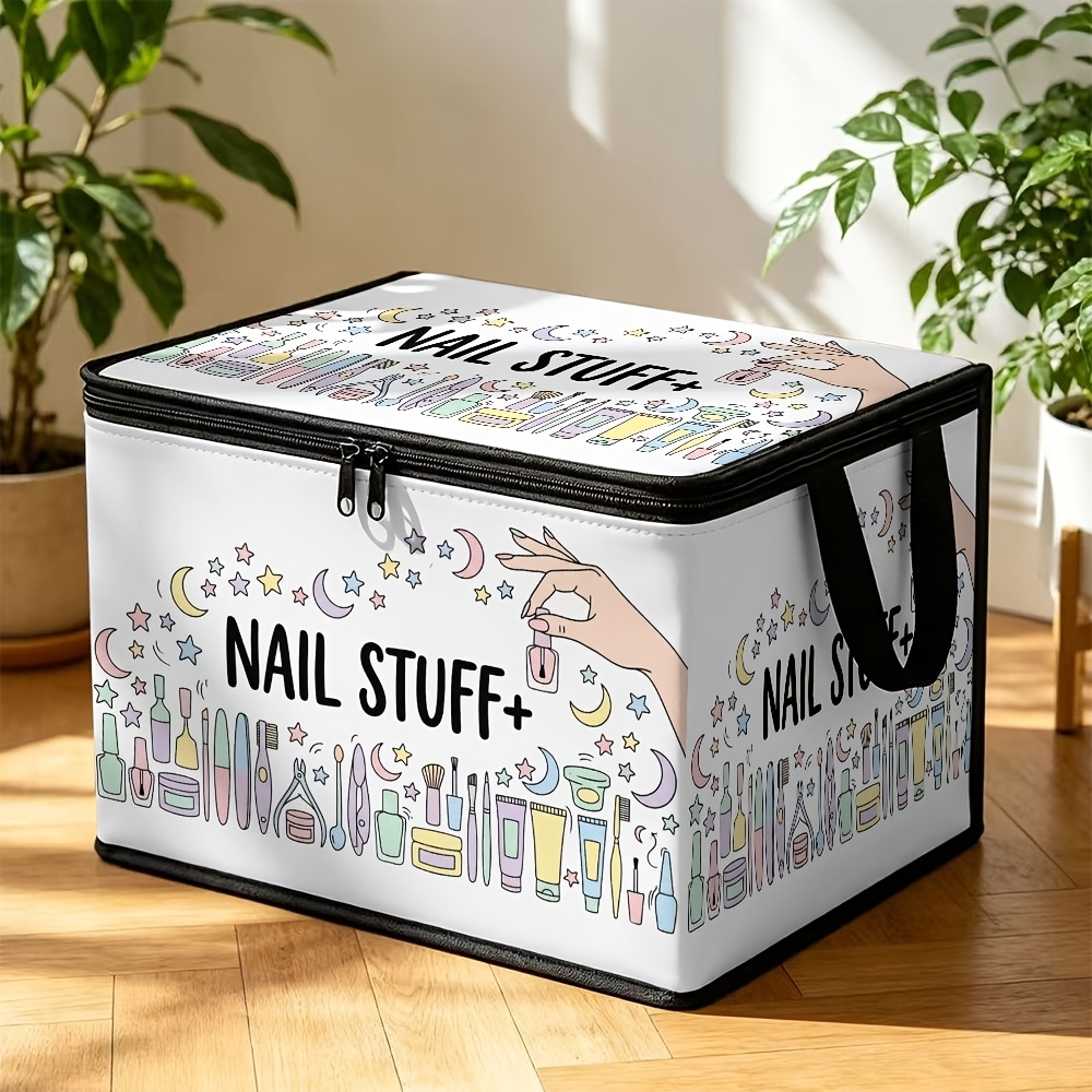 TEMU 1pc, Covered Storage Box. Nail Care Themed Lidded Storage Bin, Pastel Hand-drawn Nail Tools & "nail Stuff+" Print. Made Of Durable Polyester,