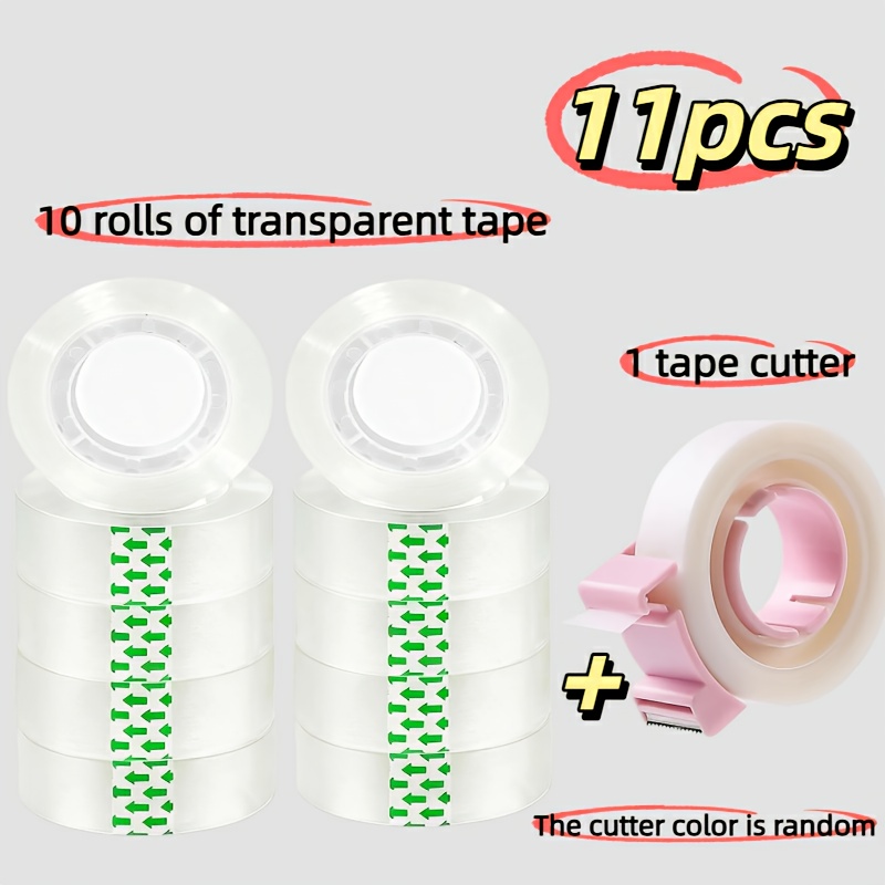 Image of 11pcs Transparent Tape Set, Including 10 Rolls Of Tape And 1 Tape Dispenser In Random Color, Suitable For Gift Wrapping, Stationery Use, Office And Diy Crafts