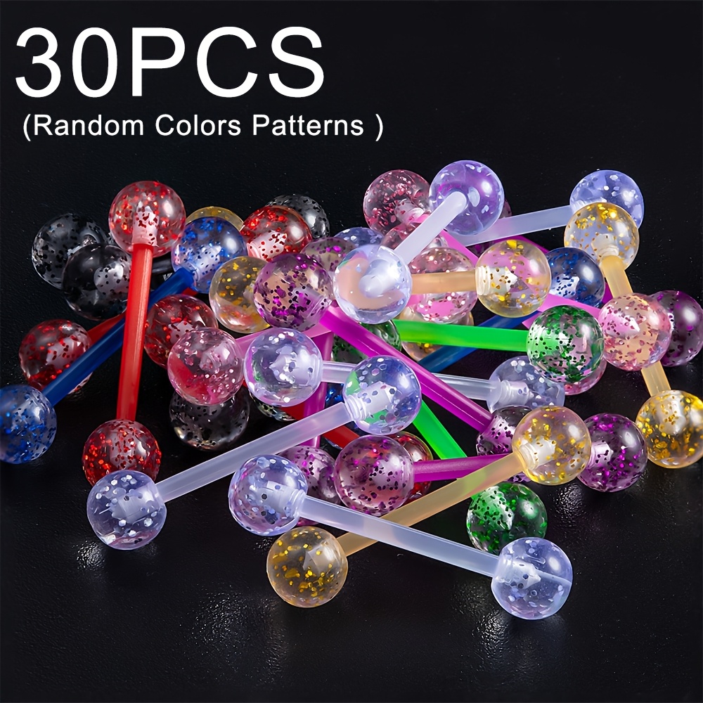 E-shop 10/30/60 Stück Flexible Zungenpiercing Barbell Zungerringe Bunte Acryl Körper Piercing Schmuck Zufällige Farben Muster 14 Gauge