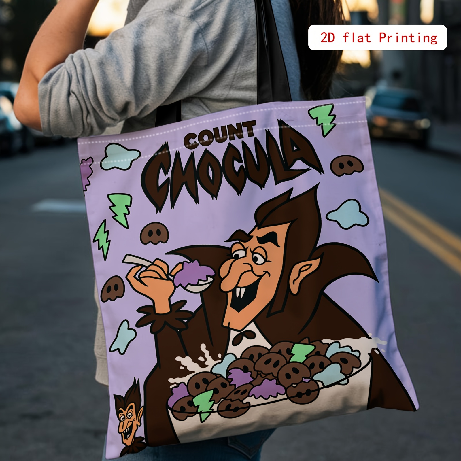TEMU 1pc Of 2d Printed Cartoon Vampire With Fun Pattern Tote Bag, Fashion Bag, With Fixed Shoulder Strap, Single Shoulder Bag, Stylish Foldable