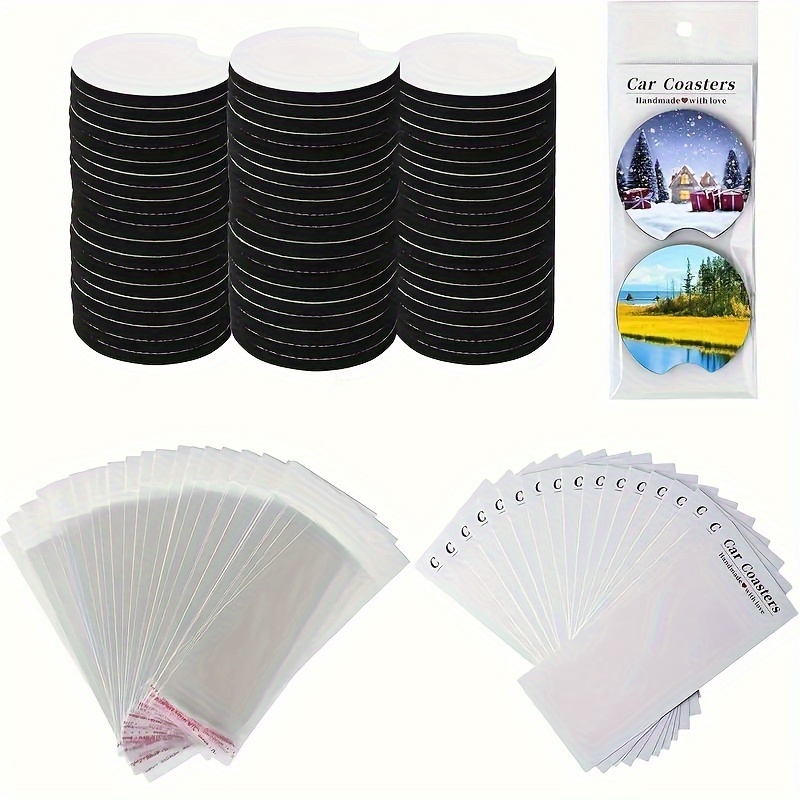 

120-piece Diy Car Coasters Kit: Includes 60 Sublimation Blank Coasters, 30 Hanging Self-adhesive Bags, And 30 Coaster Display Cards - Perfect For Customizing And Organizing Your Car Accessories