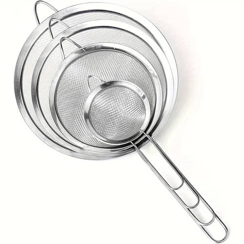 four different sizes fine mesh stainless steel strainer dough filter sauce separator baking flour sifter with long handle for kitchen vegetable draining frying drainage and rinsing
