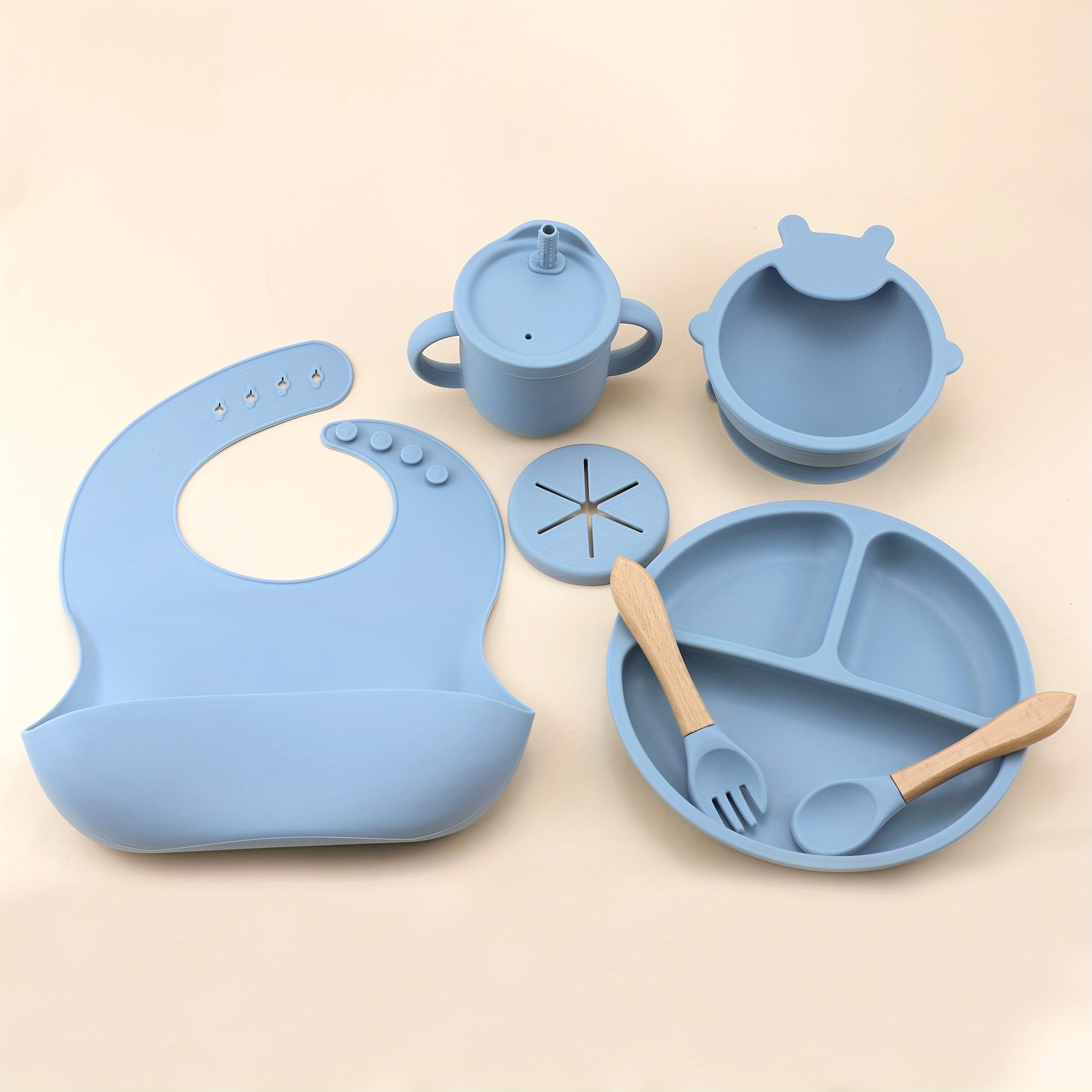 

Ensemble d'Alimentation pour Jeunes en Silicone 7pcs avec Bavoir, Gobelet d'Eau 2-en-1 & Assiette de Dentition, Bol à Forte Aspiration, Cuillère & à Manche en Bois - Rouge