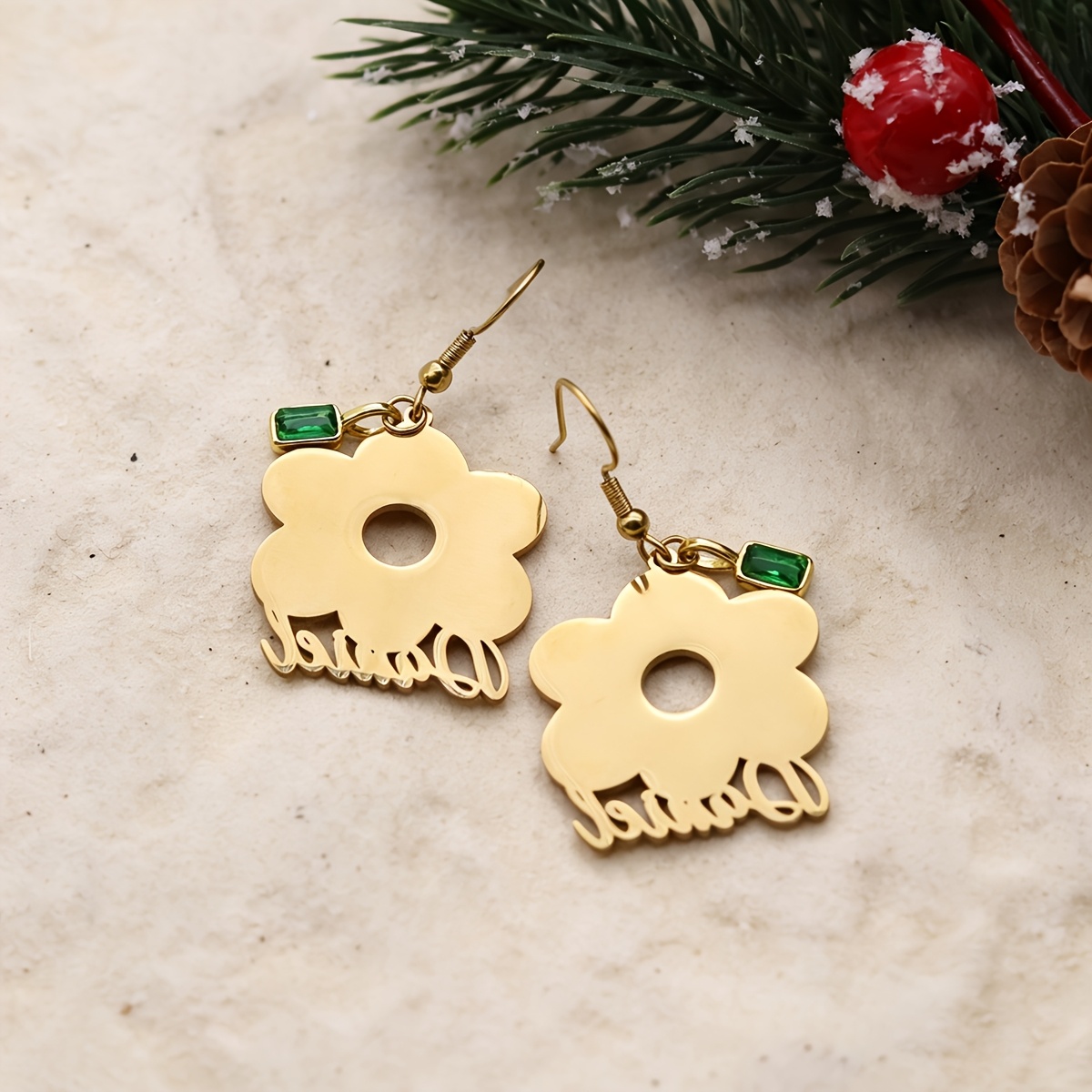 Personalized Flower Drop Earrings with Engraved Name