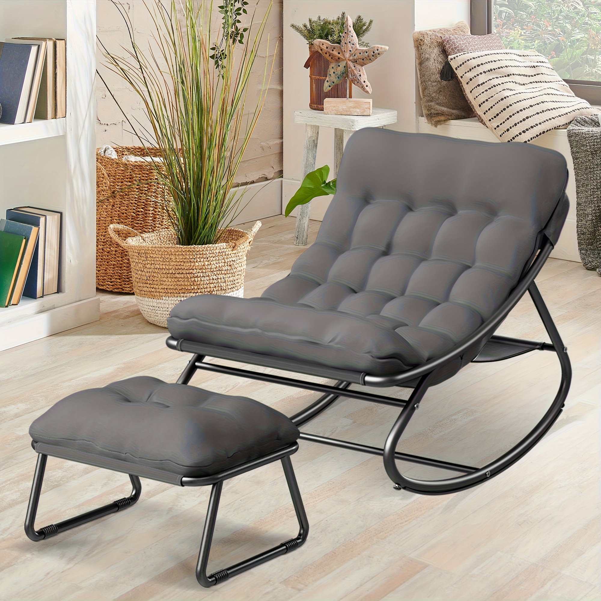 Oversized Rocking Chair with Cushion • Comfy Egg Glider Rocking Chairs Indoor with Footrest • Outdoor Patio Lounge Chair Rocker Chairs for Living Room Bedroom Balcony Porch