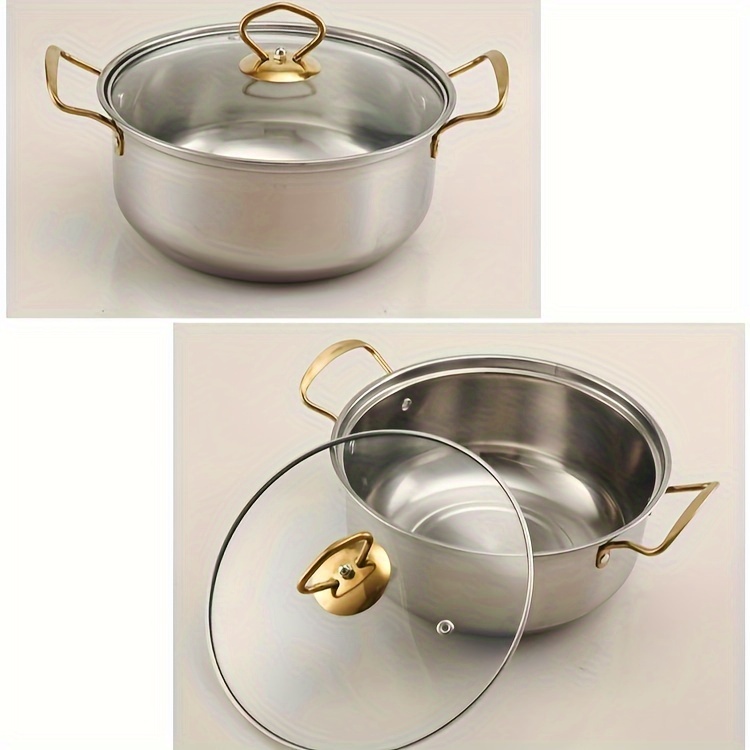   stainless steel cookware set with glass lid golden double handle pots for home dorm camping soup stew cooking kitchenware set dishwasher safe compatible with all stovetops details 13