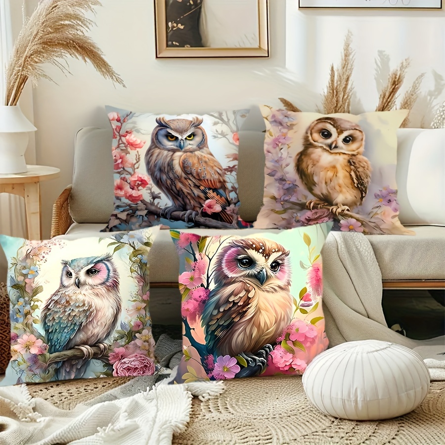 

Bohemian Owl & Floral Velvet Print Throw Pillow Cover - Zip Closure, Machine Washable For Living Room, Bedroom, Sofa Decor - Insert Not Included