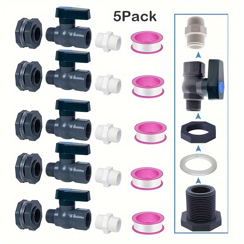 TEMU 2/5 Pack Rain Barrel Spigot Kit, 3/4" Water Barrel Pvc Garden Diverter Kit With Bulkhead Fitting Hose Faucet Adapter And Thread Seal Tape For