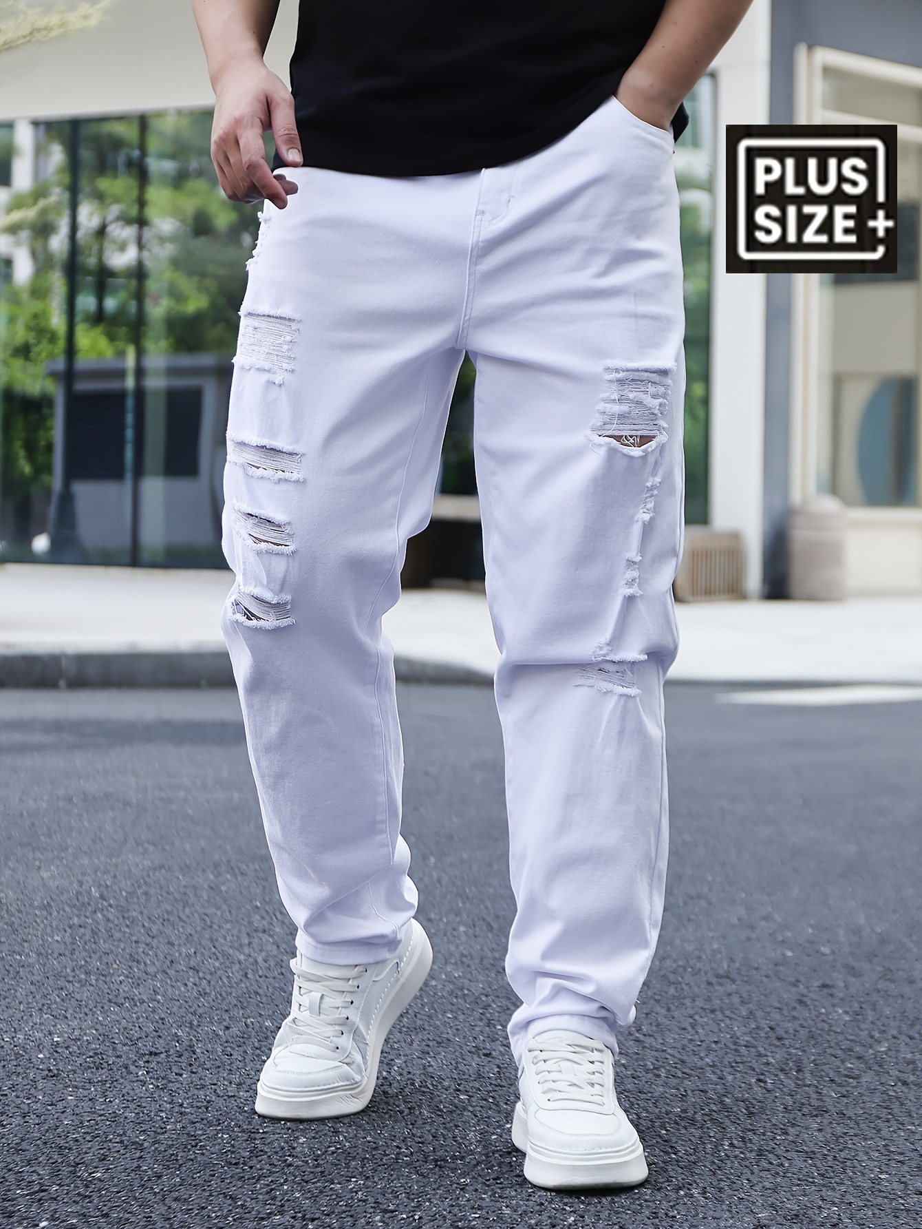 Men'S Basics Ripped Jeans, Cotton Blend Medium Stretch Solid Color Regular Fit All-Season Woven Fabric, Plus Size