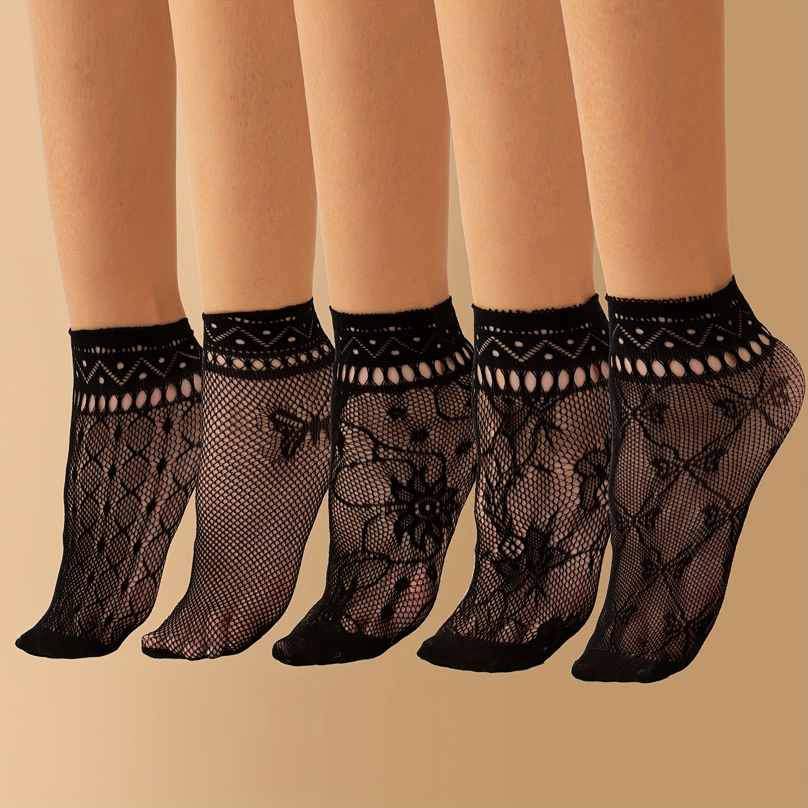 

Lot de 5 Chaussettes Élégantes en Dentelle Florale pour Femmes - Respirante, Papillon & Fleur, Mélange de Polyester