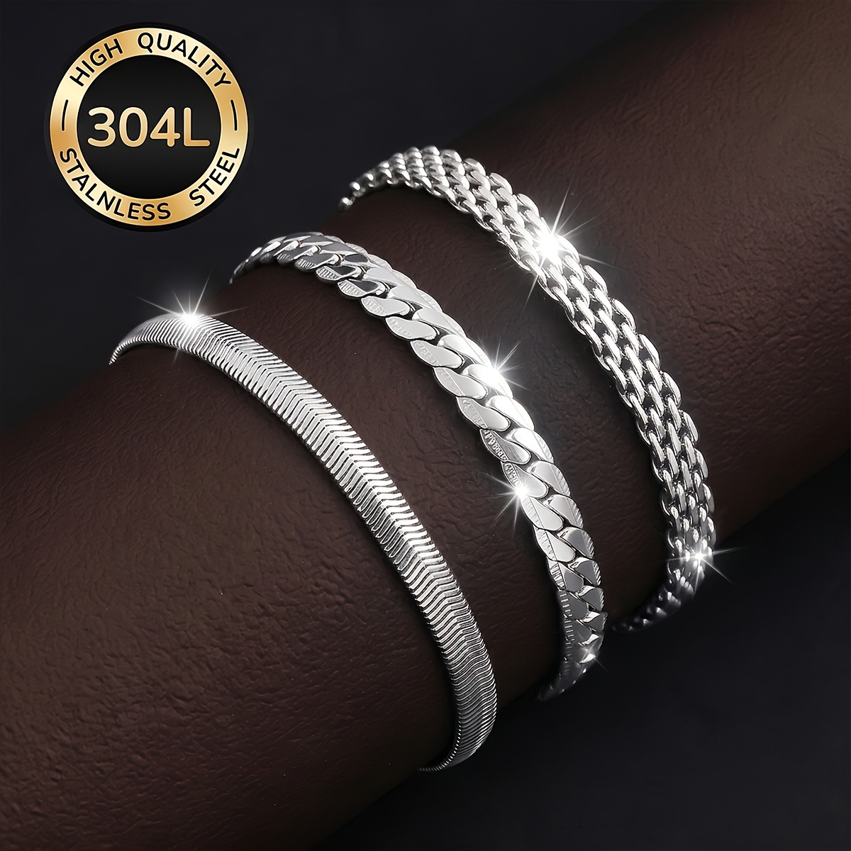 TEMU 3pcs Set Of High-quality 304l 304l Stainless Steel Bracelet, Easy And Fashionable, Suitable For Men To Wear, Fashionable Accessory, Suitable For