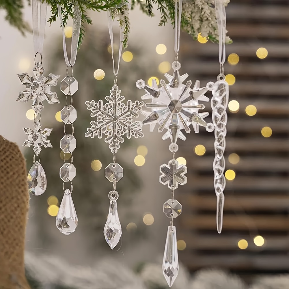 

Contemporary Acrylic Snowflake & Icicle Ornaments Set Of 10 - Christmas Tree Hanging Crystal Drop Pendants For Holiday Decor, Hanukkah And New Year Celebrations, No Battery Needed