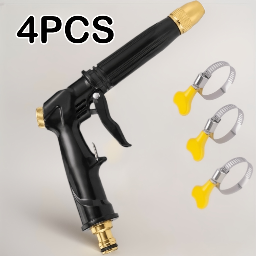 TEMU Set de 4 pièces de pistolet à eau haute pression, comprenant 1 pistolet à eau + 3 pinces, pour le nettoyage de voiture et de sol, buse de tuyau