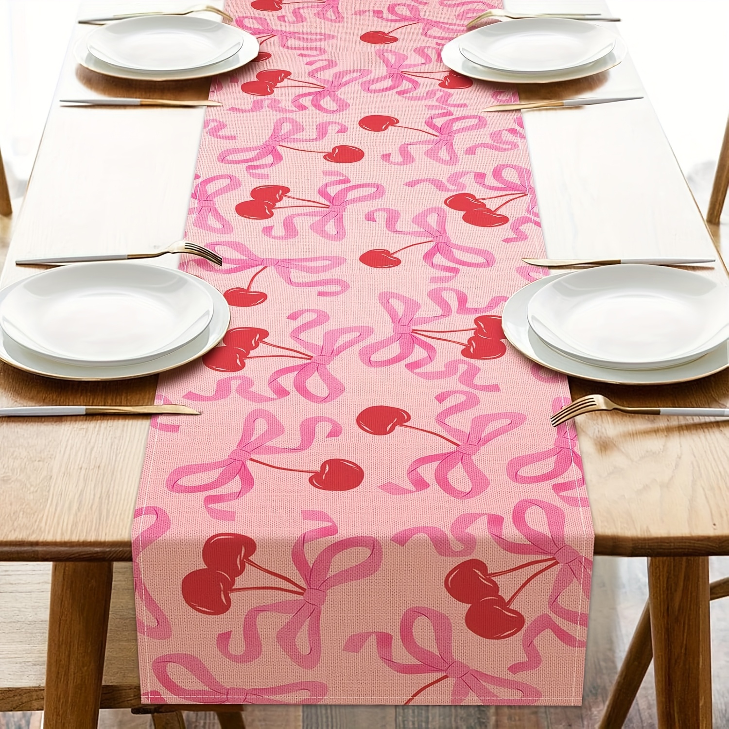 TEMU Random 1pc Linen Coquette Pink Bow Cherry Dining Table Runner, Ribbon Fruit Decoration, Girly Bowknot Indoor Outdoor Home Decor Party Supply