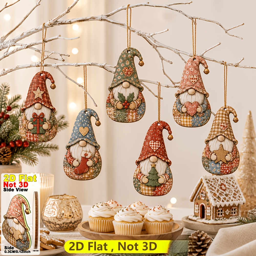TEMU 2d Flat 6pcs Set Wooden Christmas Gnome Ornaments, Fun Faceless Design, Retro Colors, Design, Includes Hanging Rope For , Christmas Atmosphere