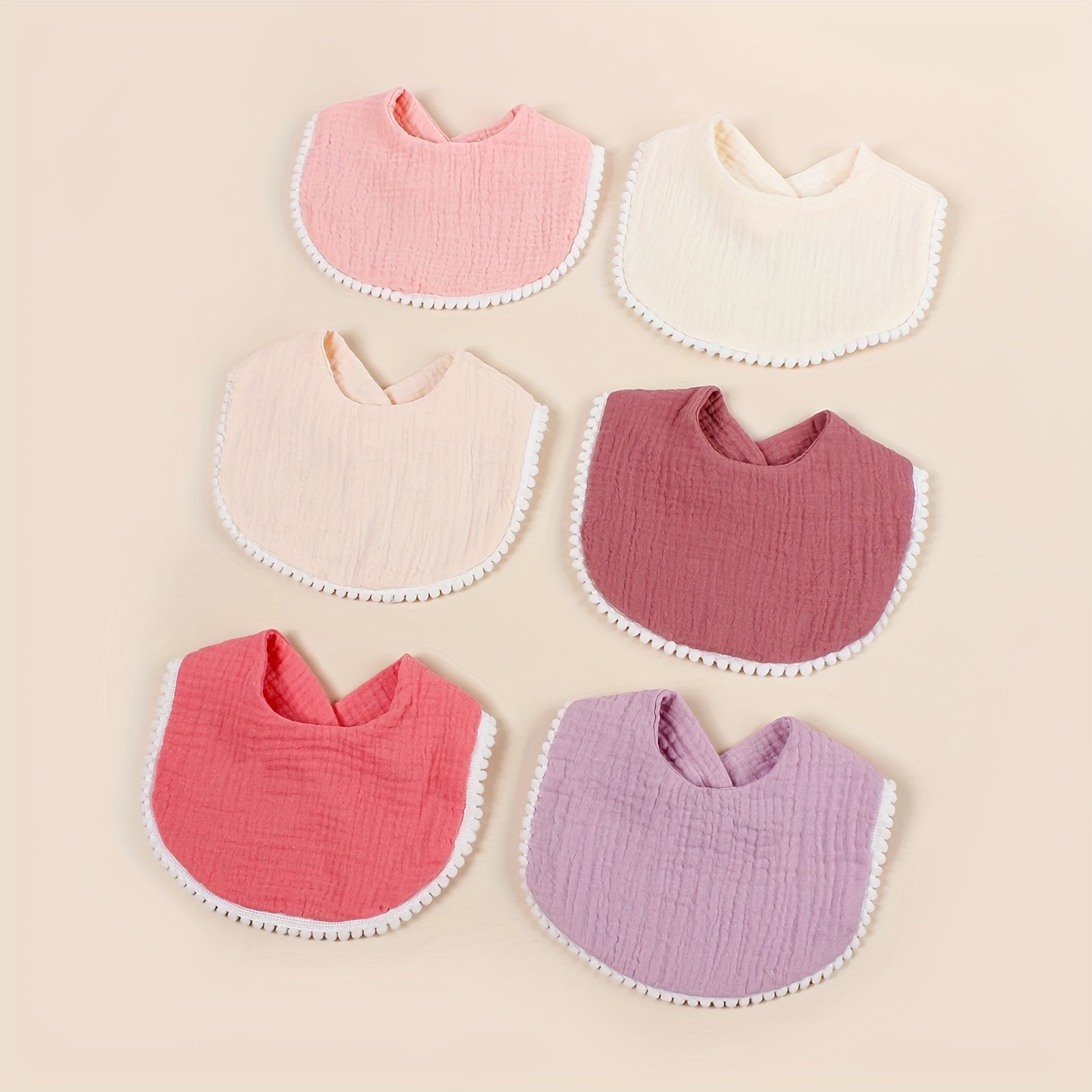 

6-piece Soft Cotton Baby Bibs With Cute Pom Poms - Solid Colors, Snap Closure, Perfect For Teething & Feeding, 0-3 Years