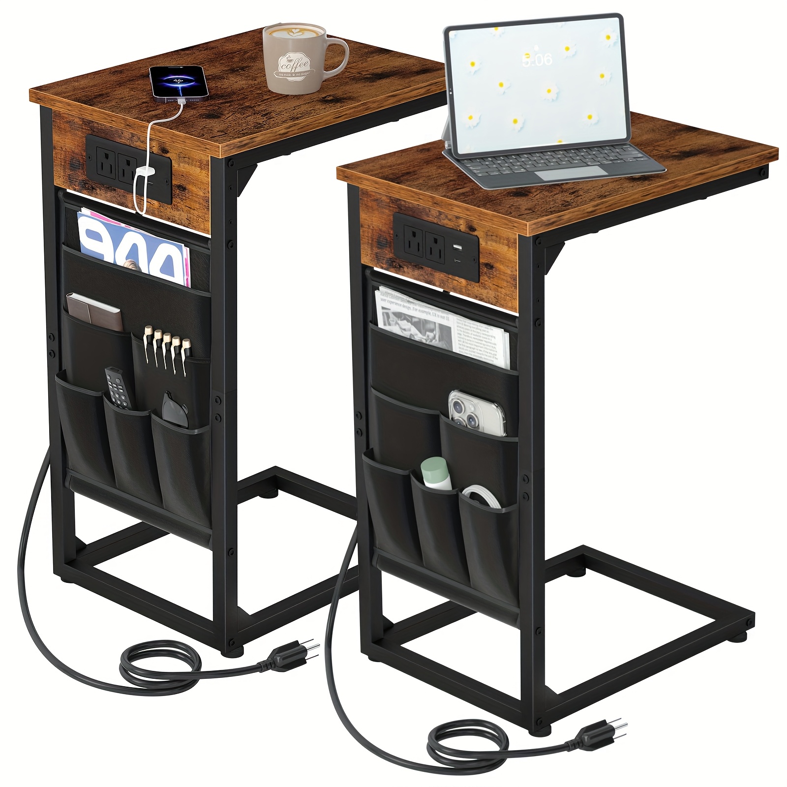 TEMU TZWAKED 2pcs Table d'appoint en métal de C, avec poche en tissu, port USB, table d'appoint moderne rechargeable en bois dur pour canapé, chambre