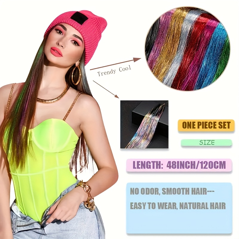 12 Couleurs Mèches de Cheveux Tinsel Colorés, 120cm Extensions Tinsel de Cheveux, Mèches Hair Tinsel, avec 100 Perles, 1 Pince et Crochet, pour Fête, Cosplay, Musique, Festivals, Femmes et Filles