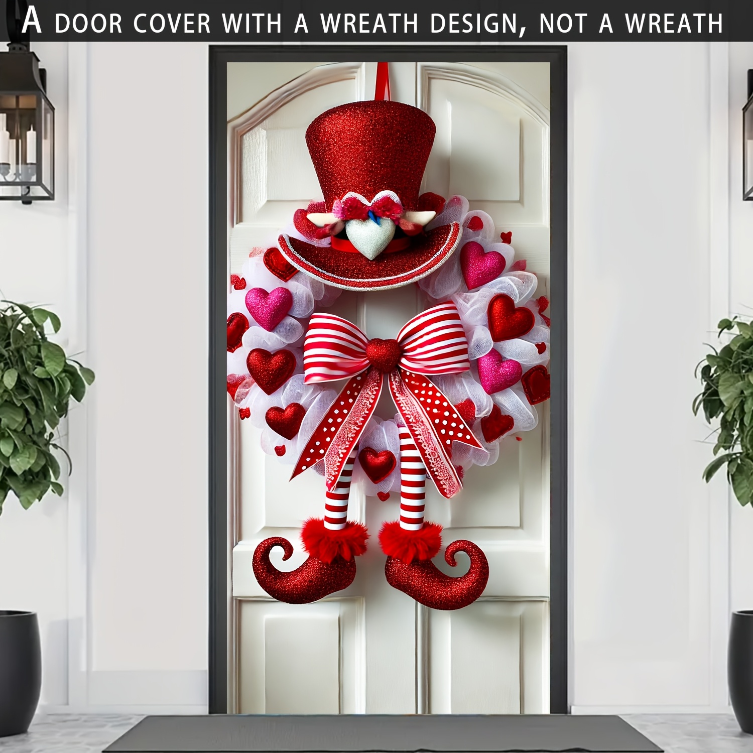 

2d Door Banner, Valentine's Day Door Cover, 1pc, 35.4 X Inches, Romantic Hat And Heart Wreath Design, Multifunctional Polyester Hanging Decor For Entryway And Rooms, Use