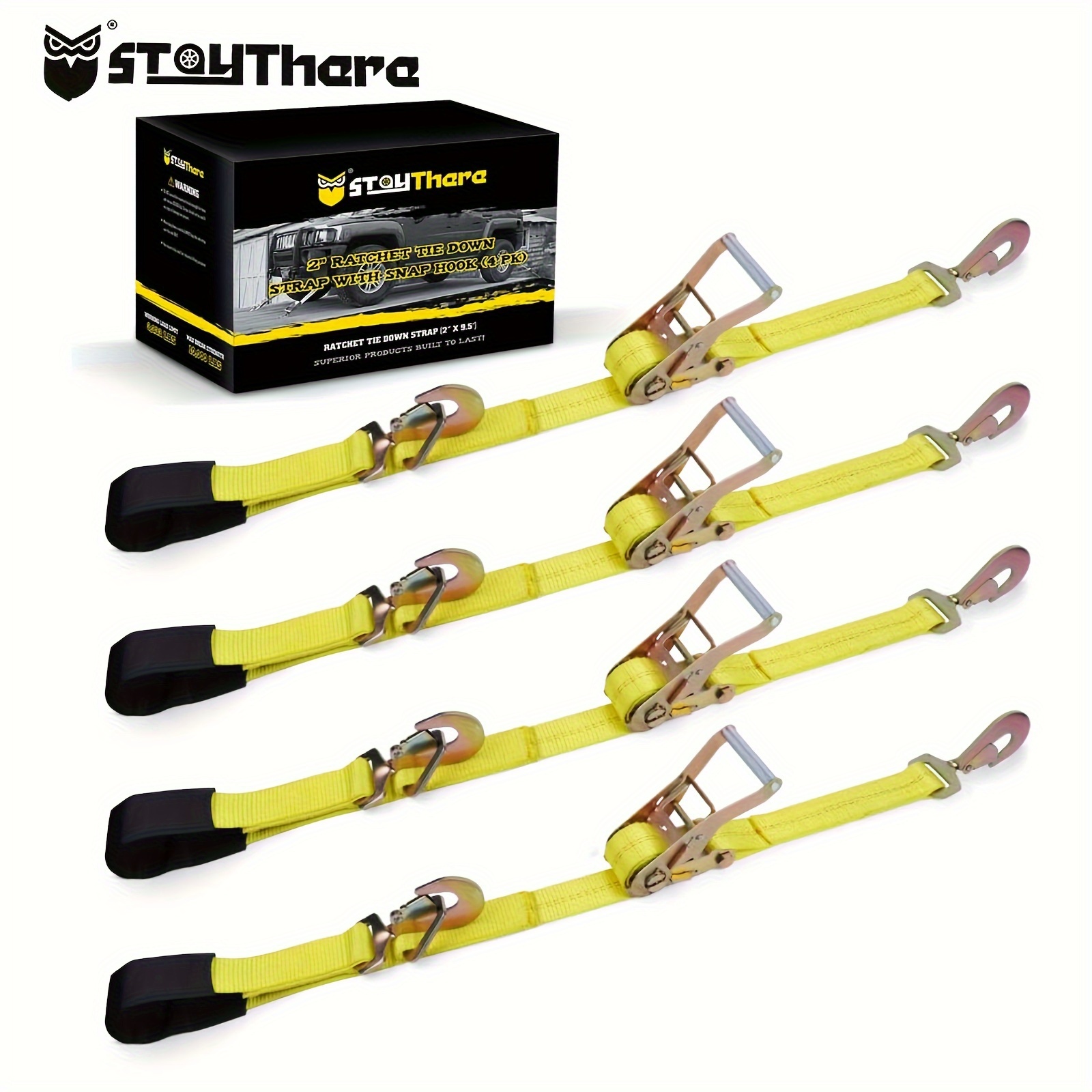 TEMU Stay There Ratchet Tie Down Straps - 2 Inch X 114 Inch, 4 Pack With Snap Hooks, Classic Yellow, 10000lb Break Strength