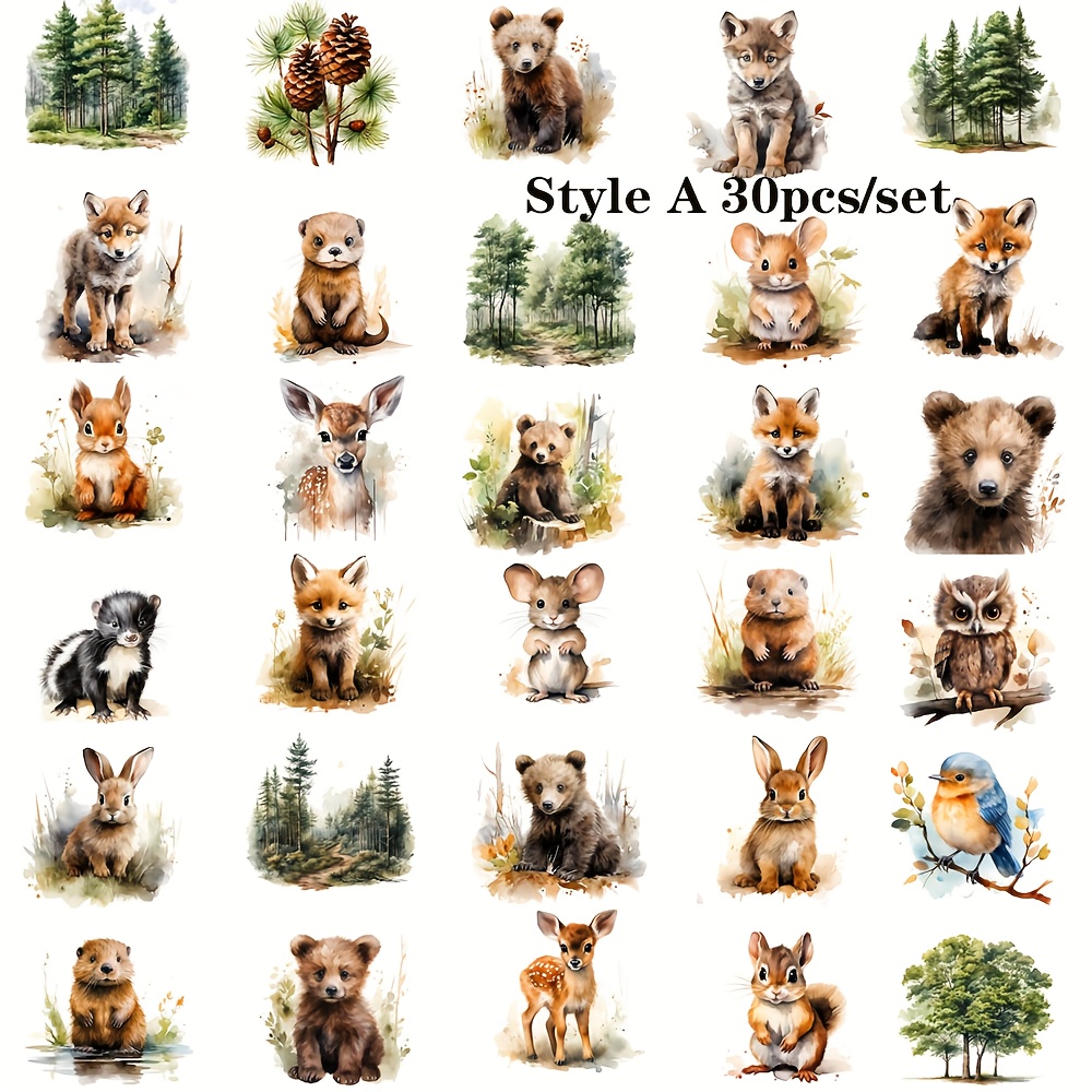 TEMU 30pcs/set Retro Cute Wildlife Handmade Stickers Decoration 2d Flat, Diy Embellishments, Journal Decoration, Forest Theme, Whimsical Art,