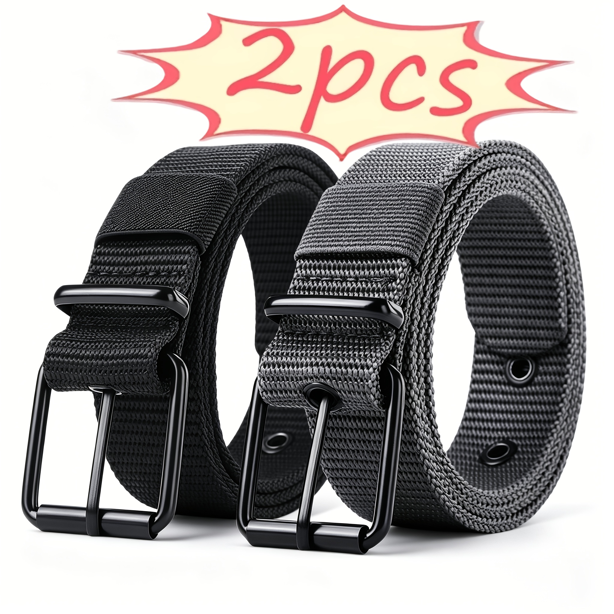 TEMU 2-pack Men's Work Belt, Matte Black Metal Pin , Adjustable Multi-hole Belt, Breathable Tear-resistant Webbing, Durable, Suitable For Work,