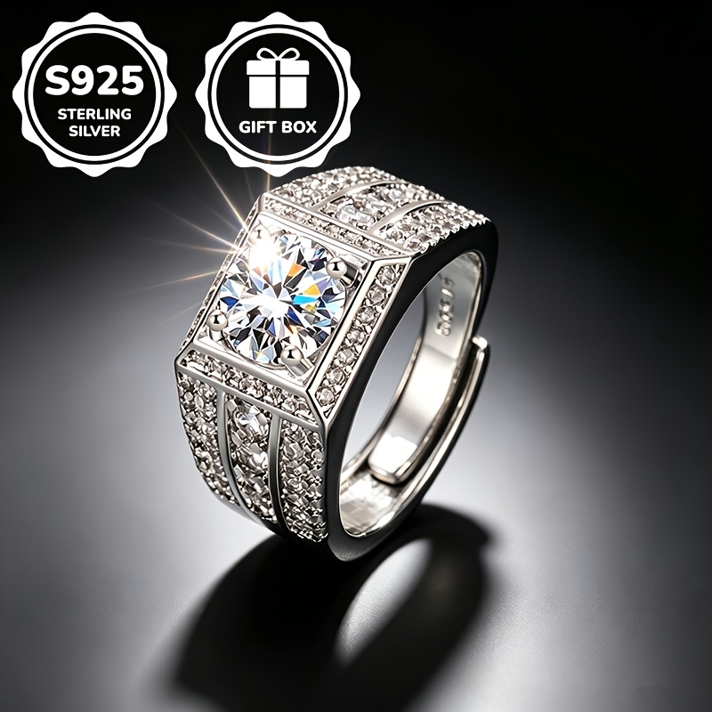 Image of 1pc S925 925 Silvery Plated Fashionable Luxury Square Full Synthetic Cubic Zirconiaia Ring, Unisex Open Adjustable, High-quality Jewelry, Suitable For Daily Casual Parties And Business Occasions.