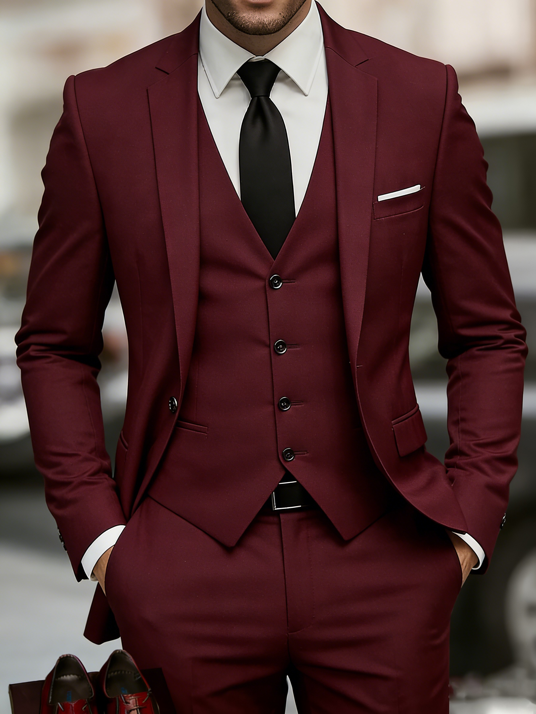 Men's Notched Lapel 3-Piece Business Suit | Premium Burgundy Slim Fit Ensemble