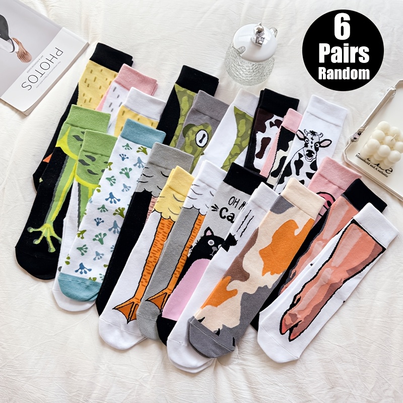 Image of Random 6 Pairs Couple Style Cute Pig Hoof Little Pig Duck Palm Cow Frog Giraffe Pattern Soft Comfortable Long Socks, Mid-calf Socks Gift For And Lovers