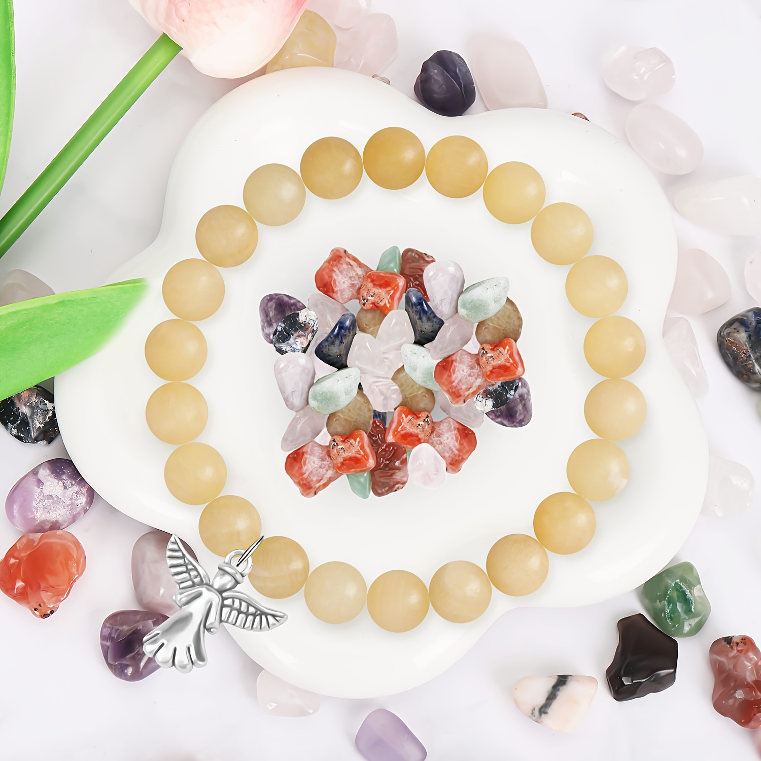 Natural Stone Bead Bracelet with Angel Charm Pendant