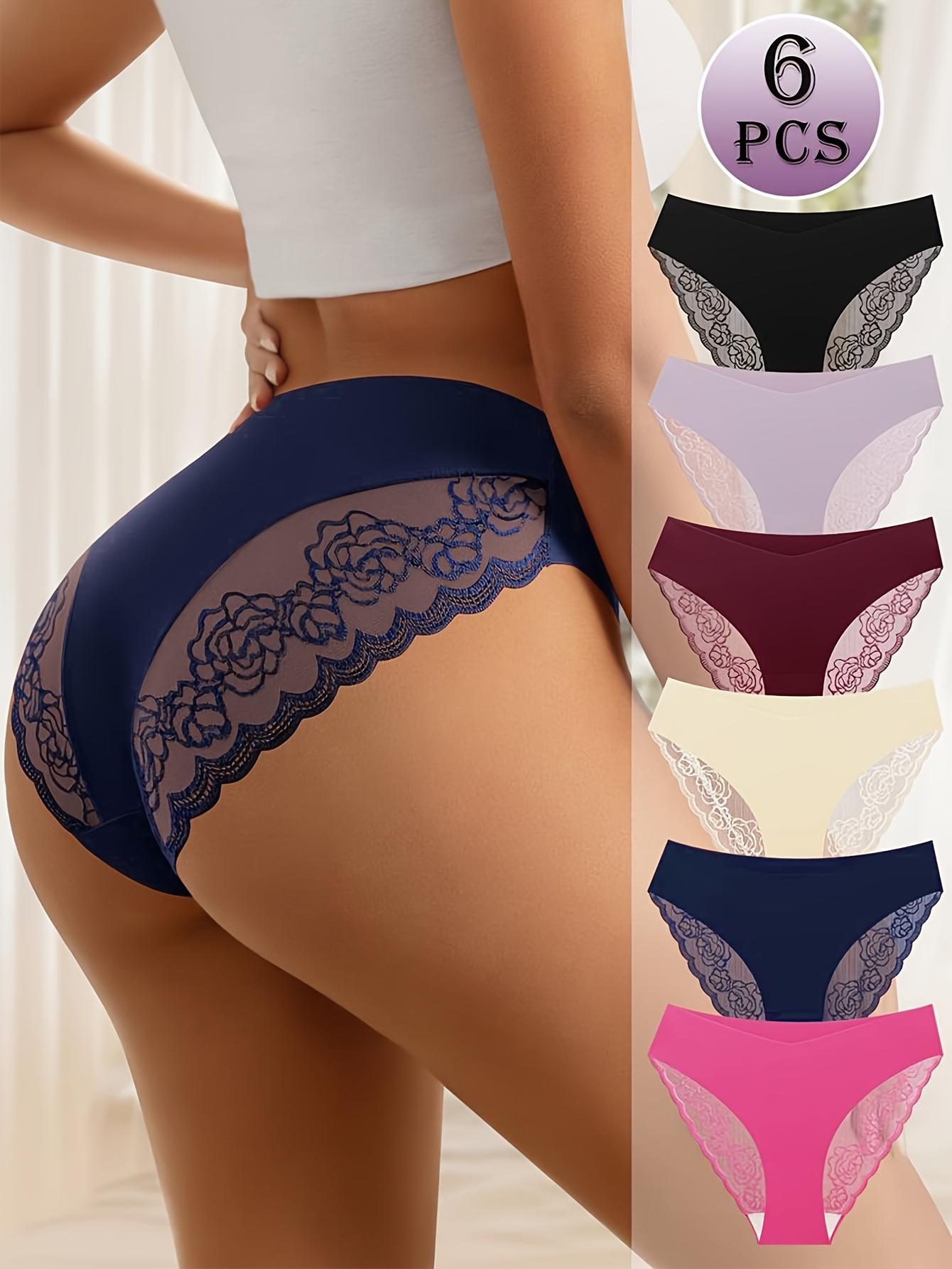 6-Pack Sexy Lace Splicing Women'S Panties Low Waist Seamless Comfort Breathable Solid Color Panties Minimalist Luxury All-Season Nylon Triangle Panties