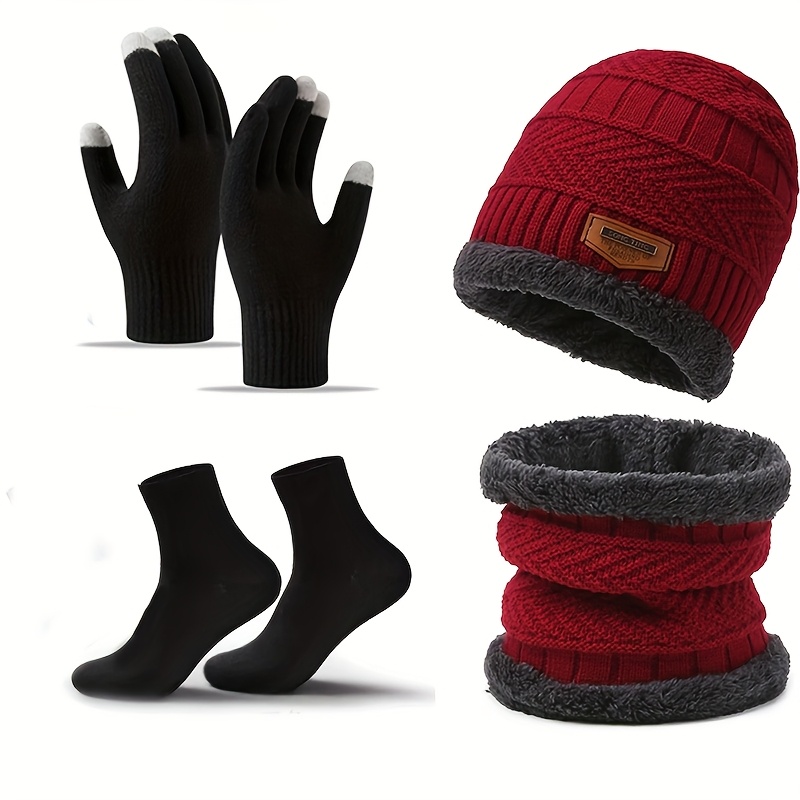 TEMU Ensemble Chapeau Homme Été, Écharpe, Gants, Chaussettes, Écharpe Quatre Pièces, Écharpe de Cou, Chapeau Tricoté Chaud Hiver