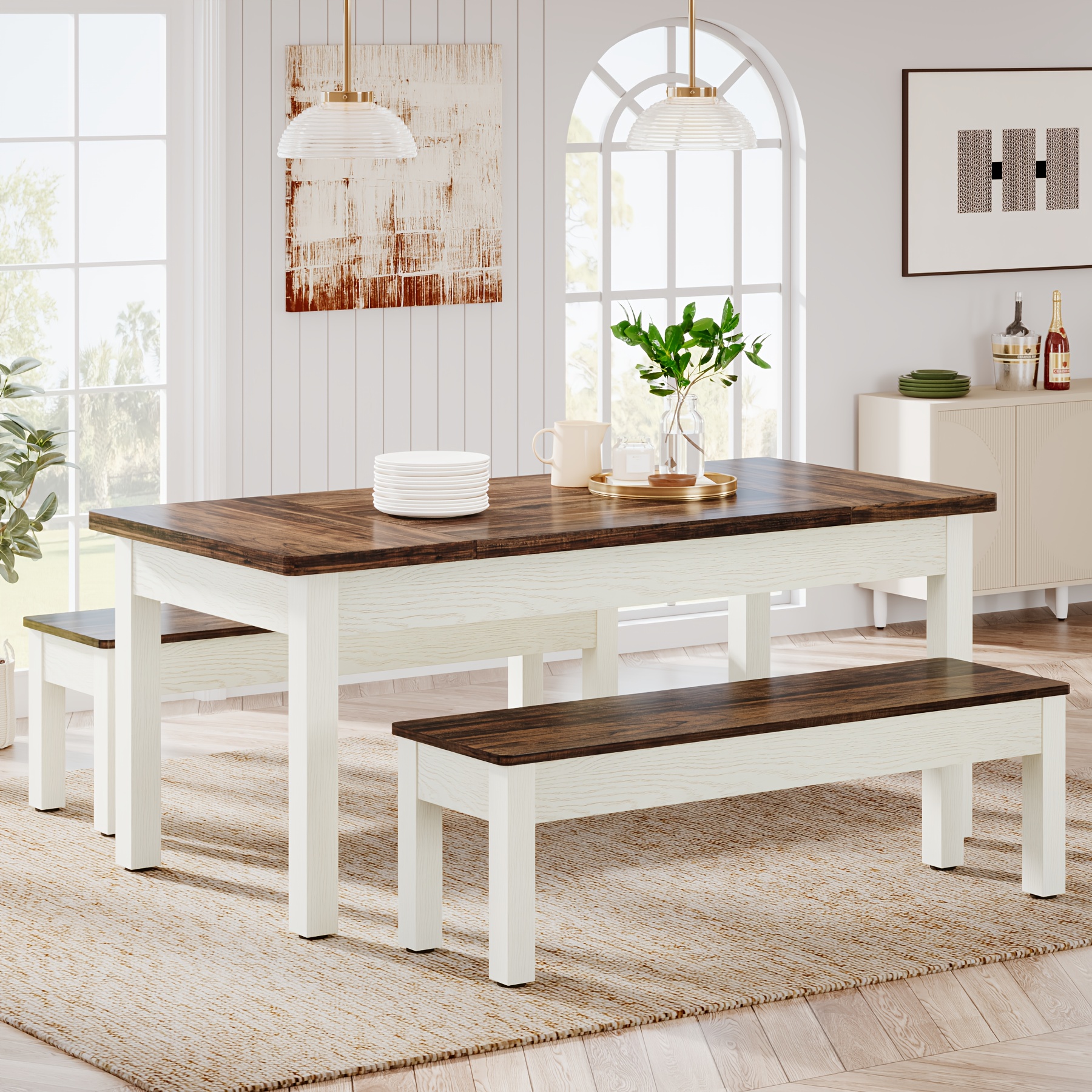 TEMU Ensemble de table à manger comprenant 3 pièces, comprenant 2 et une table en bois de 55 pouces adaptée à 4 à 6 personnes, conçu dans de ferme et